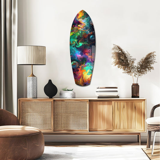 Rainbow Marbled Nebula Surfboard Glass Wall Art displayed above wooden mid-century sideboard in modern living room setting.