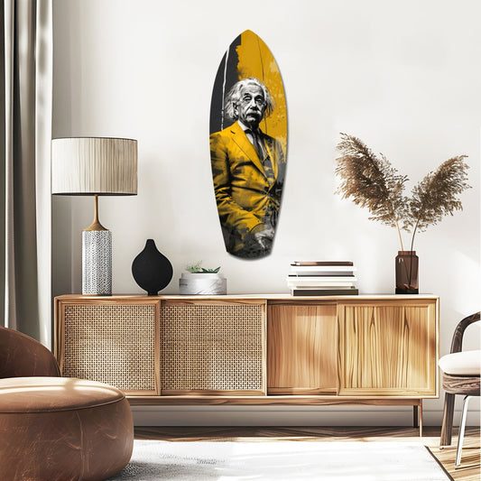 Oval glass wall art featuring a black and white portrait of Einstein in a yellow suit against a gold and black background, displayed above a wooden credenza.