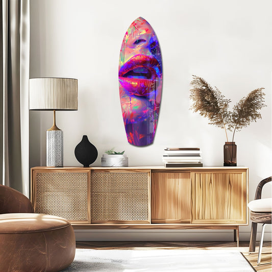 Vibrant multicolored glass wall art featuring abstract lips in pink, purple, and blue tones displayed above wooden mid-century console in modern living room setting.