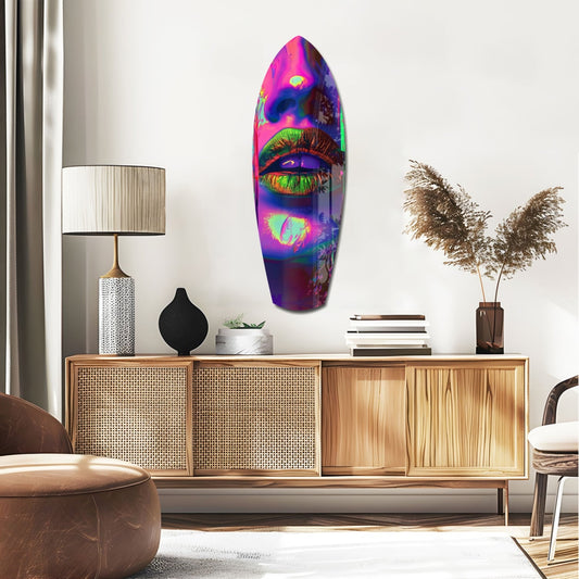 Colorful Lips V19 glass wall art mounted on white wall above wooden sideboard in modern living room interior.