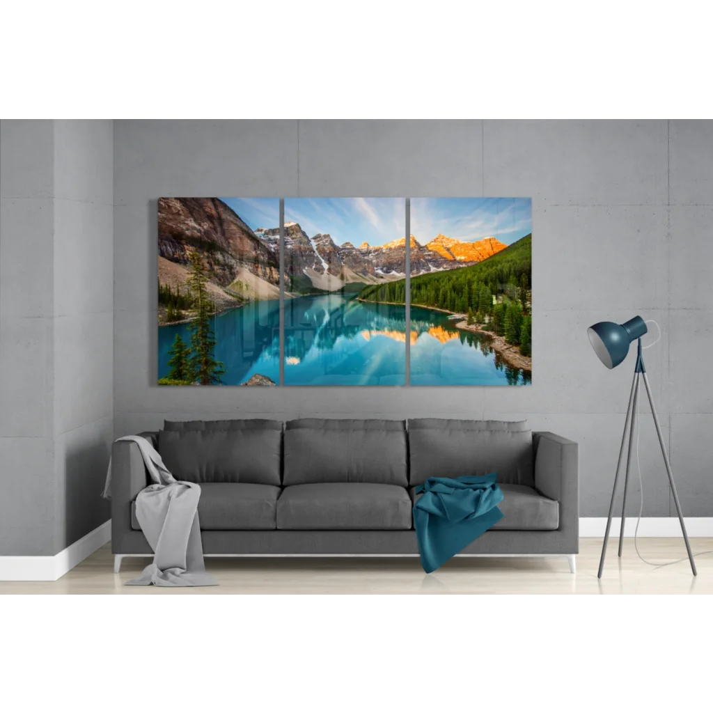 Stunning Mountain Lake Insigne Glass Art Three Panel Canvas | Modern Wall Art Decor | vintageantiquesgifts.com