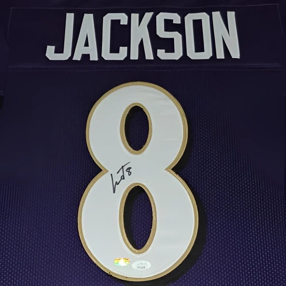 Lamar Jackson autographed deluxe framed Baltimore purple #8 jersey with JSA