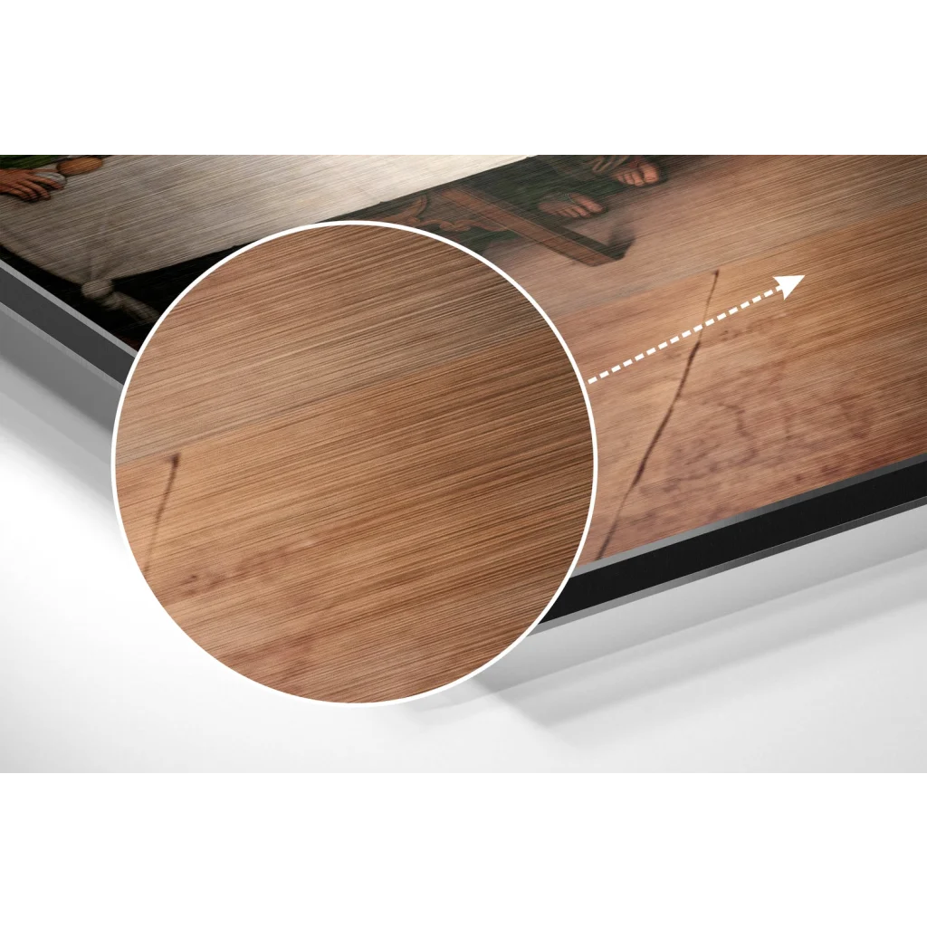 Wooden floorboard with grain and knots in Last Supper brushed aluminium dibond art