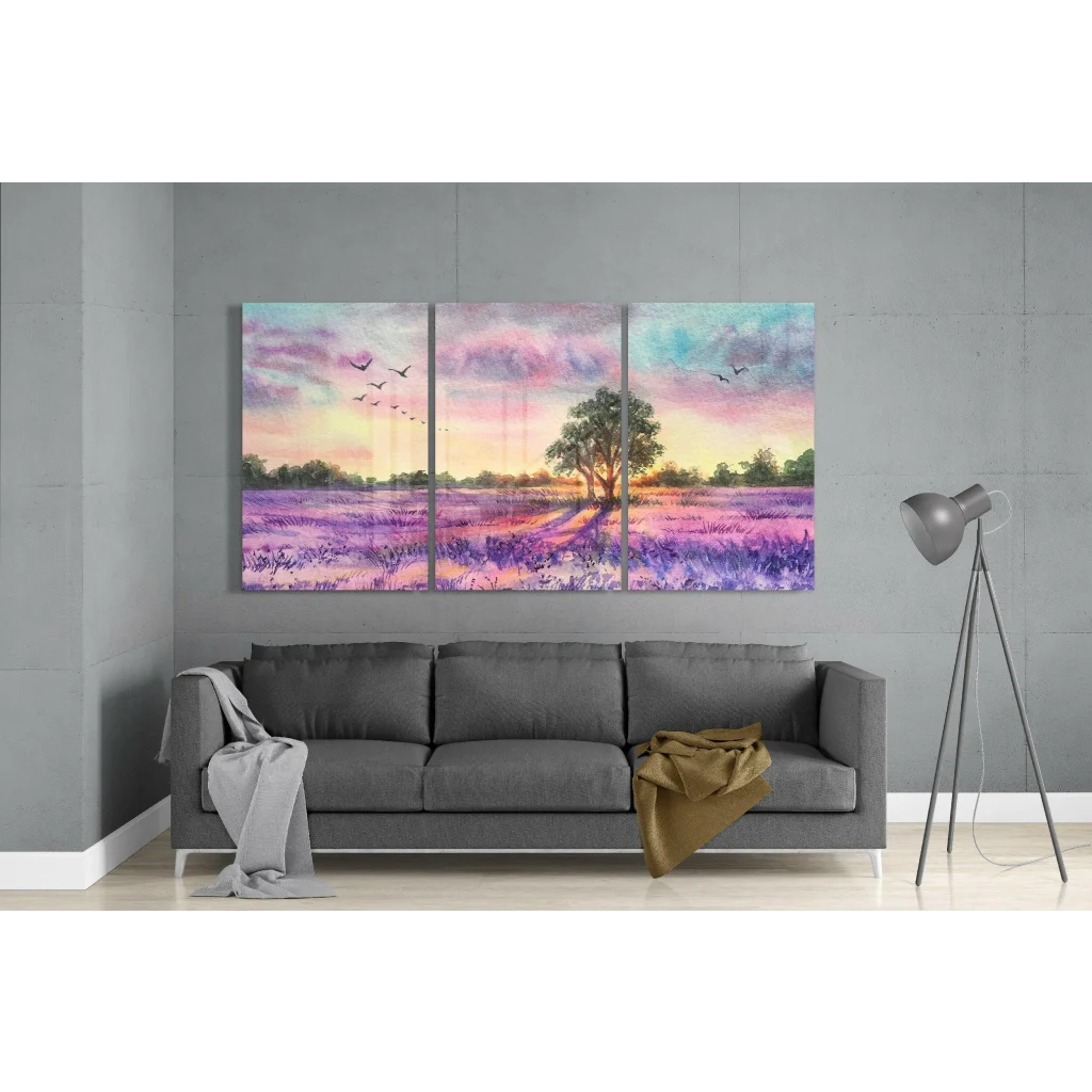 3-panel lavender field glass wall art triptych with tree and birds in pastel hues