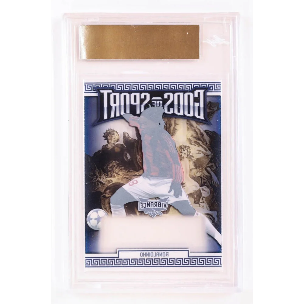 Graded Ronaldinho soccer card from Leaf Vibrance Gods series with proof clear navy blue border