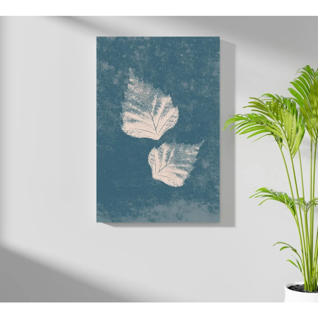 Teal leaf insigne aluminum prints with off-white silhouettes on textured background