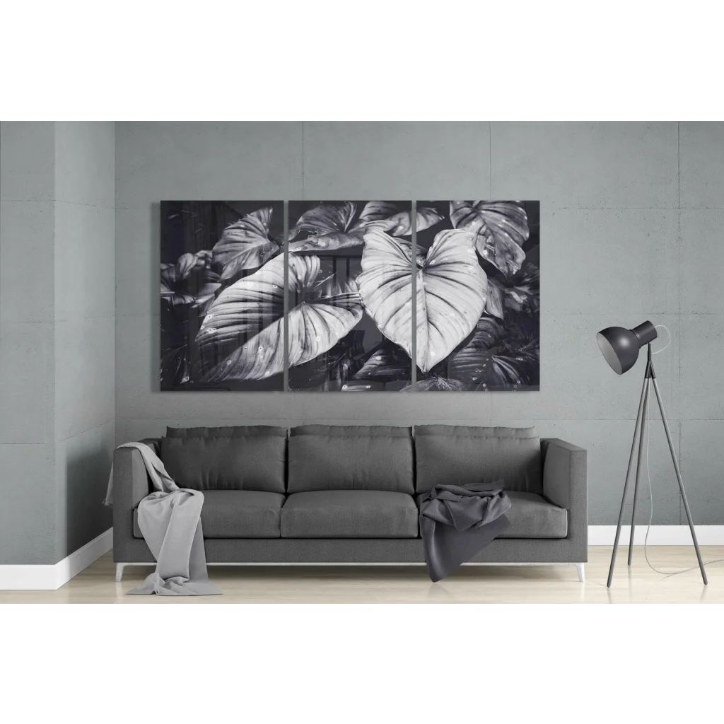 Stunning Tropical Leaf Glass Wall Art Triptych in Bold Black and White | Modern Wall Art Decor | vintageantiquesgifts.com