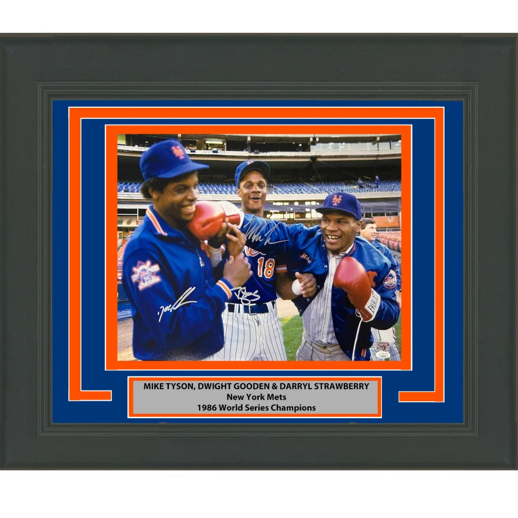 Framed 1986 Mets Champions photo with Mike Tyson Dwight Gooden Darryl Strawberry ready to hang