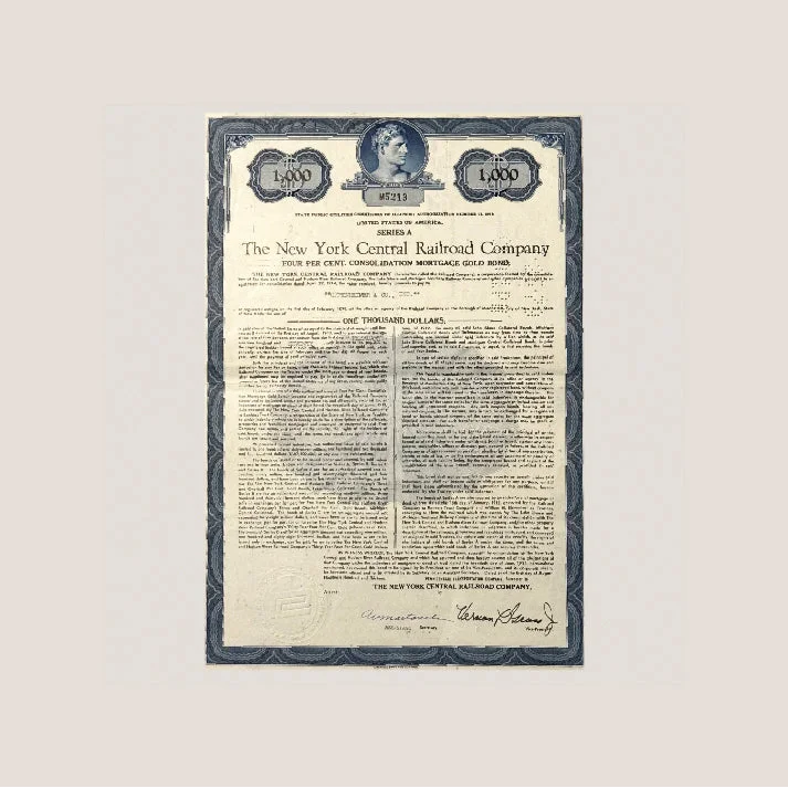 Vintage New York Central Railroad bond certificate showcasing historic railroad gold bond features