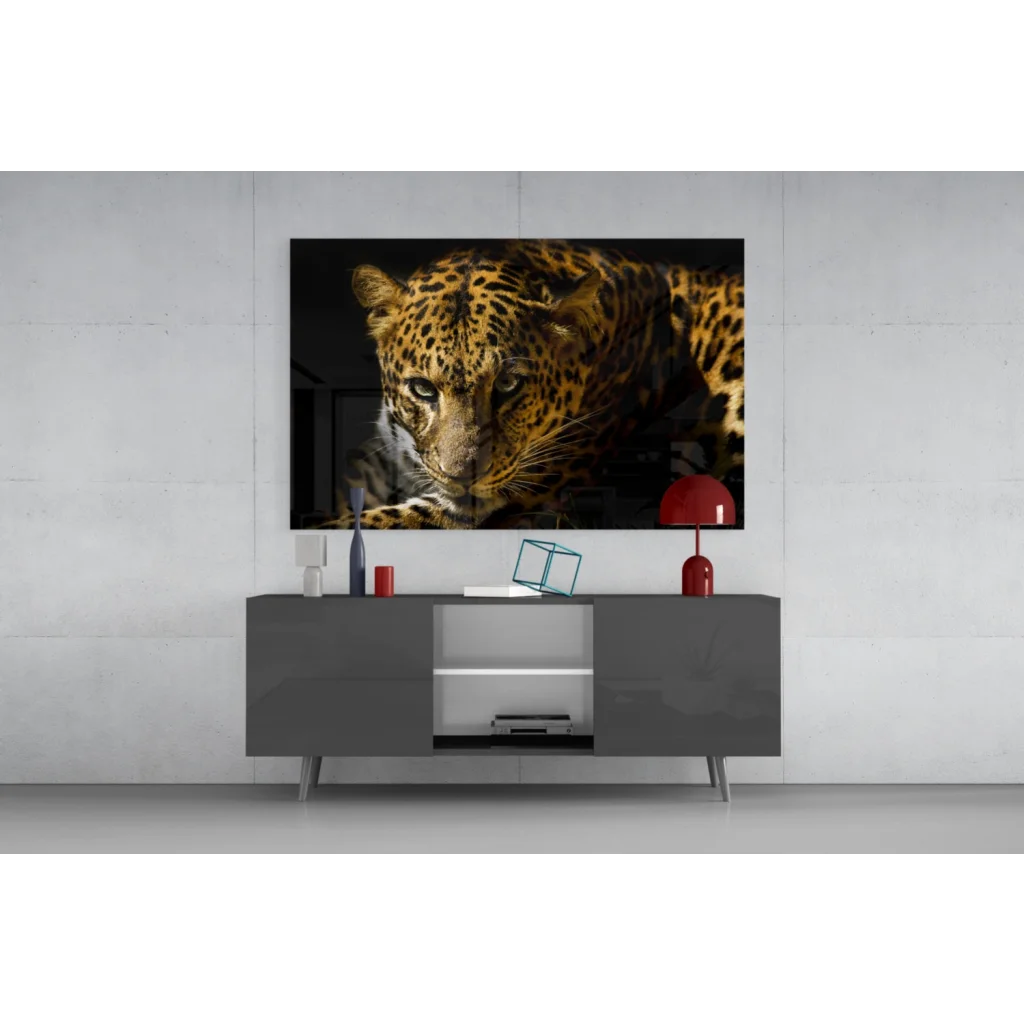 Stunning black-and-gold leopard tempered glass art on TV