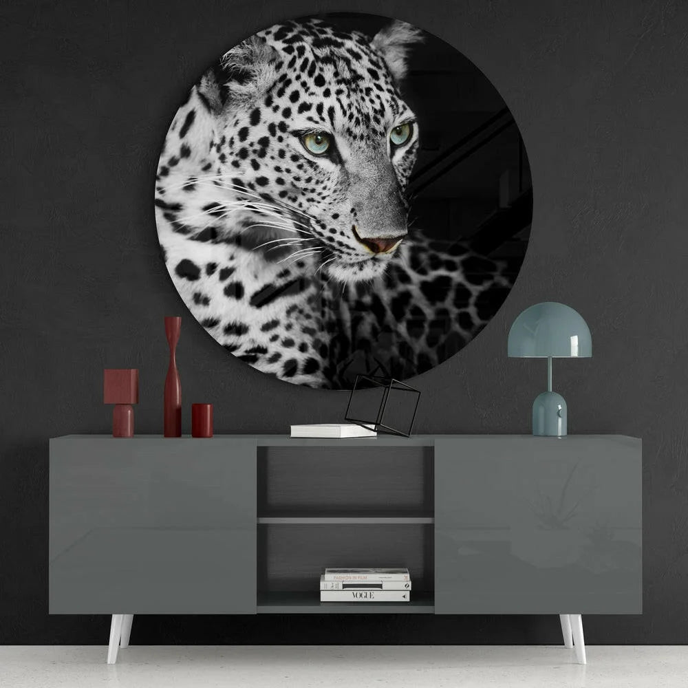 Stunning leopard tempered glass art with piercing green eyes