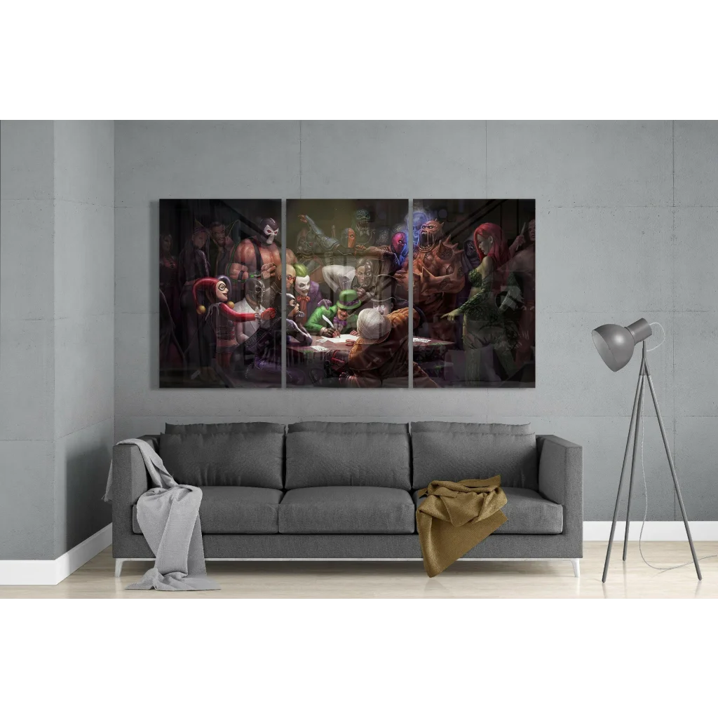 DC Villains glass wall art: three-panel canvas of dramatic villain gathering