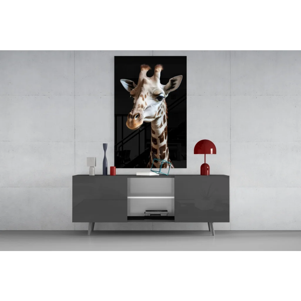 Striking giraffe head black-and-white glass wall art on gray console