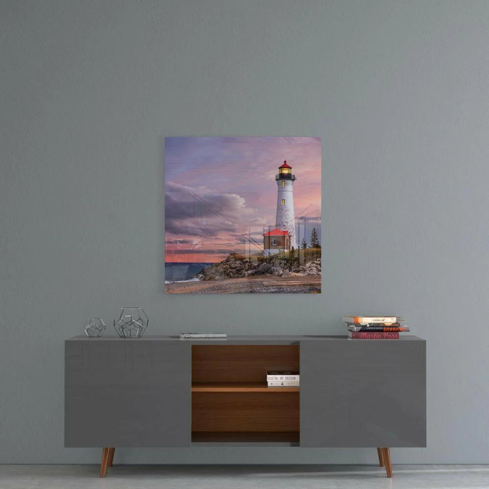 Stunning white lighthouse glass wall art with pink purple sunset sky