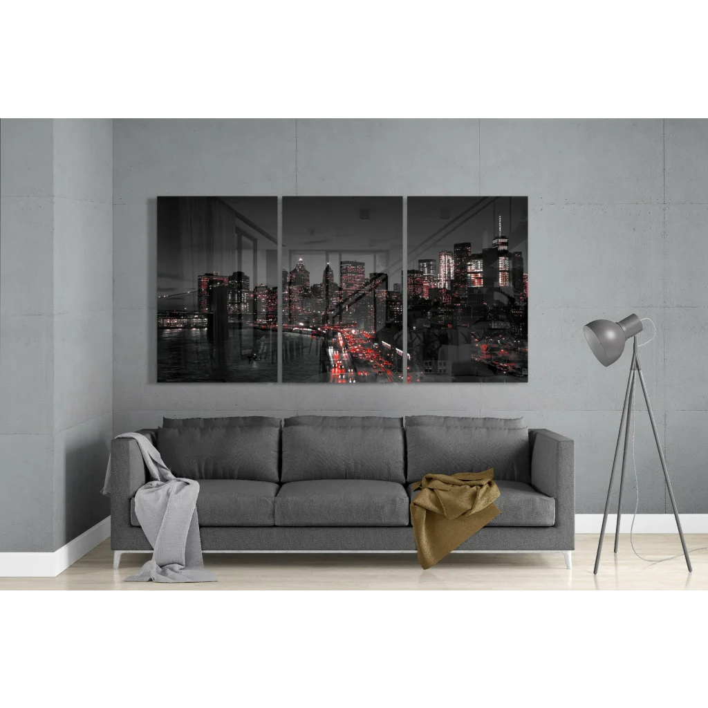 Stunning Red City Skyline Glass Wall Art Triptych | Modern Wall Art Decor | vintageantiquesgifts.com