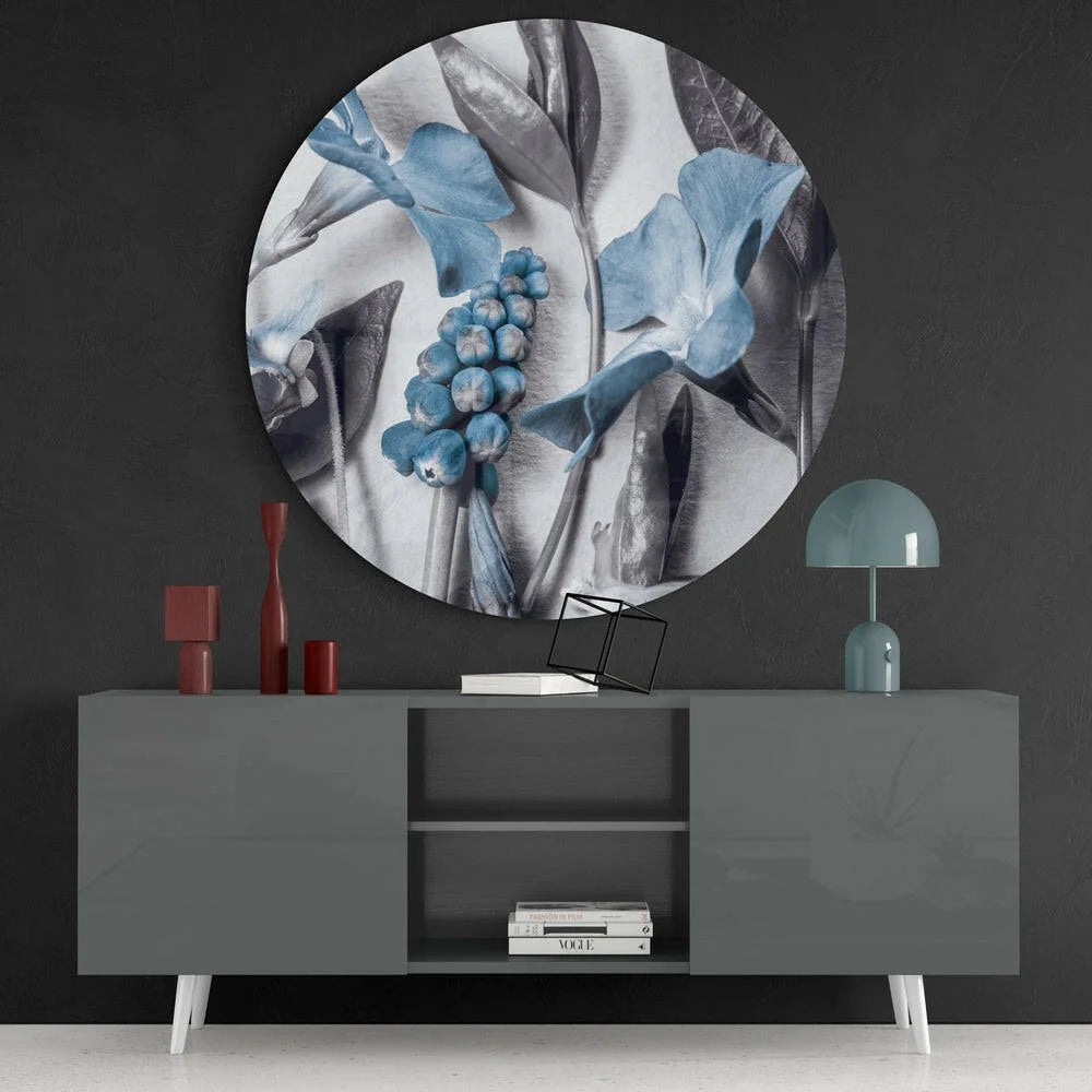 Blue Botanical Tempered Glass Art Circle with stylized blue gray botanicals