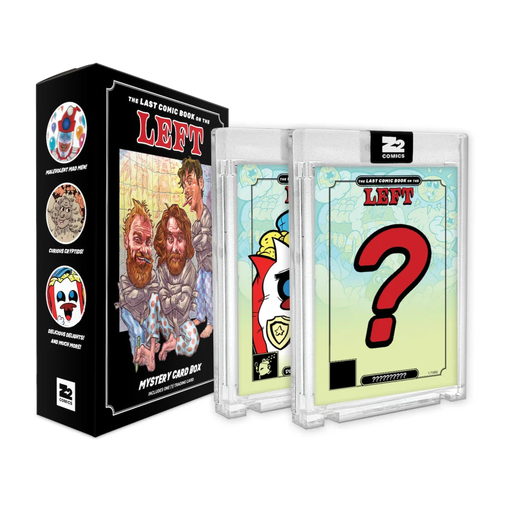 Black mystery trading card box with collectible cards from The Last Comic Book of the Left