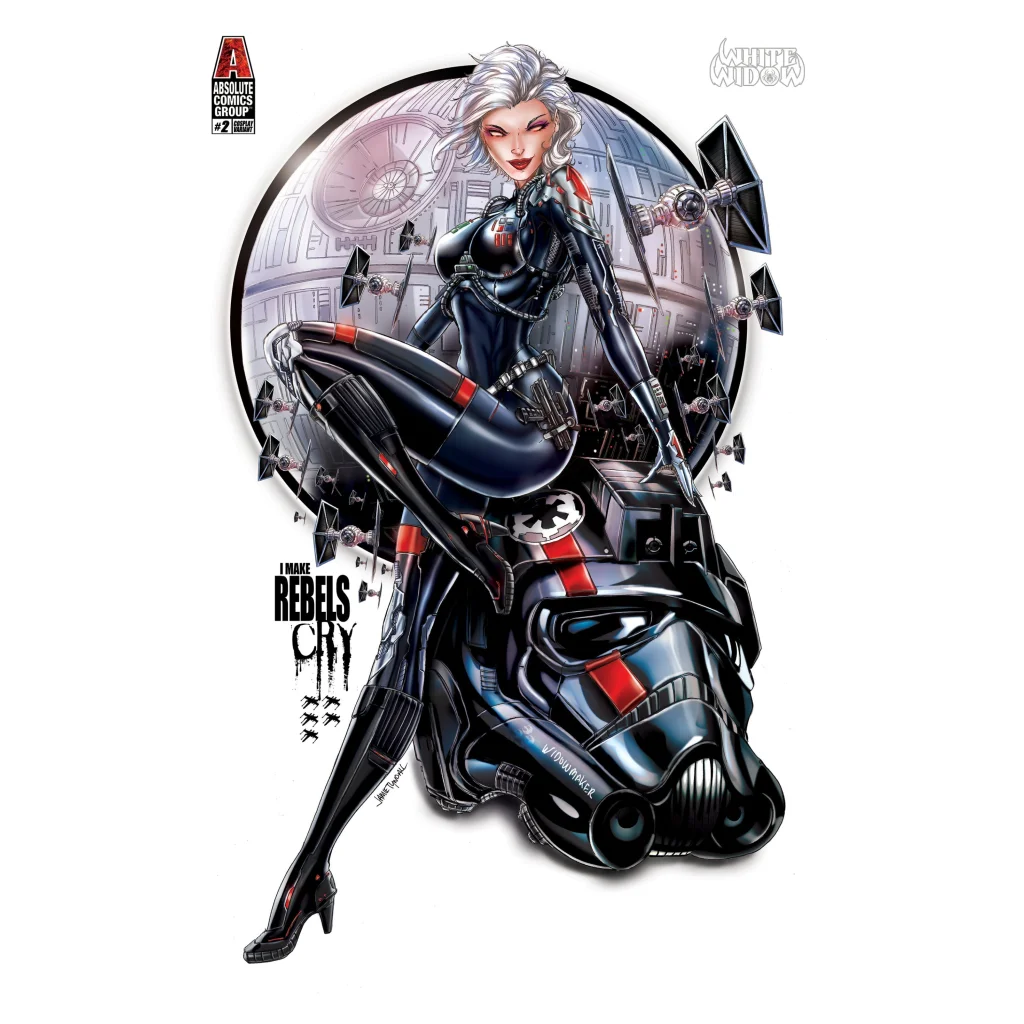 Black and red armored superheroine with silver hair atop Stormtrooper helmet on Limited Edition Rebels May Cry trade comic exclusive cover