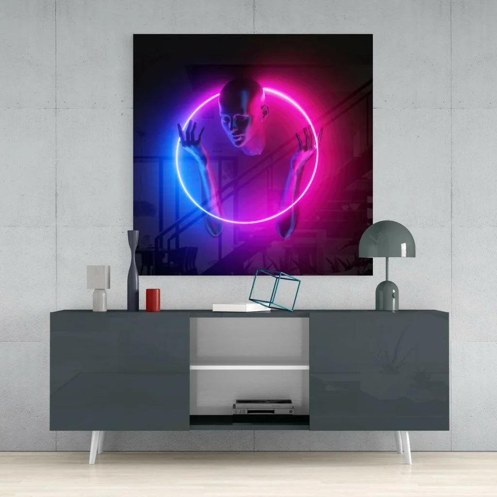 Neon pink and blue glow glass wall art with stylized figure and magenta shapes