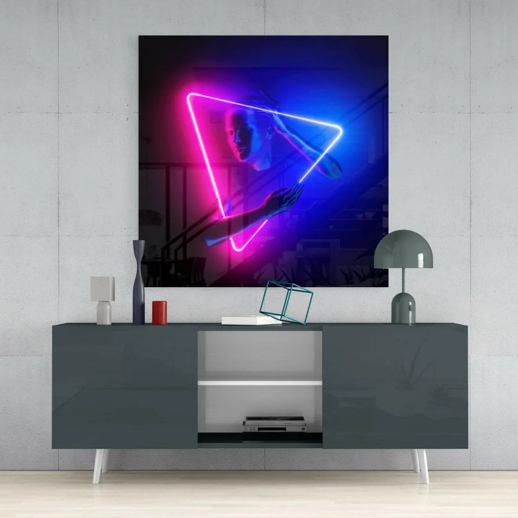 Vibrant neon triangle glass wall art with woman in glowing pink blue lights
