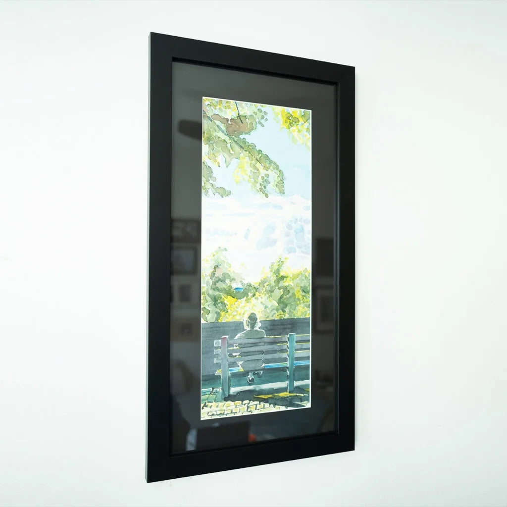 Linden Terrace bench watching Fort Tryon Hudson River sunset print in black frame on white wall