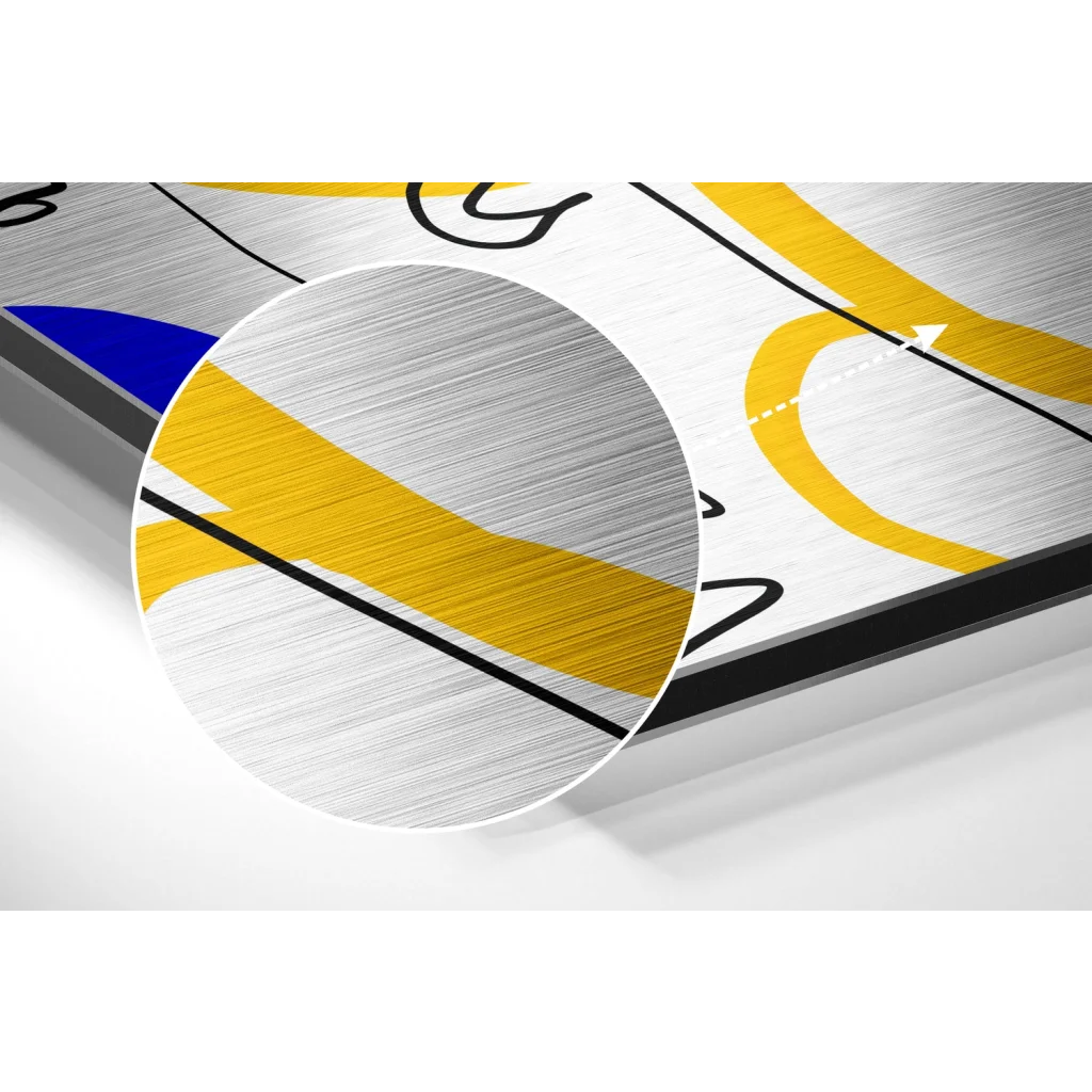 Bold yellow black blue geometric lines on brushed aluminium dibond print