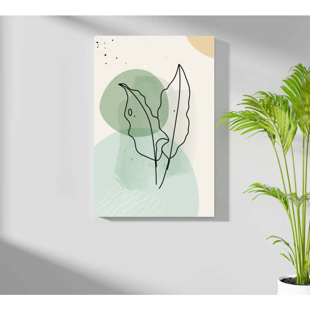 Minimalist insigne aluminum prints with black line leaves on mint sage gradient