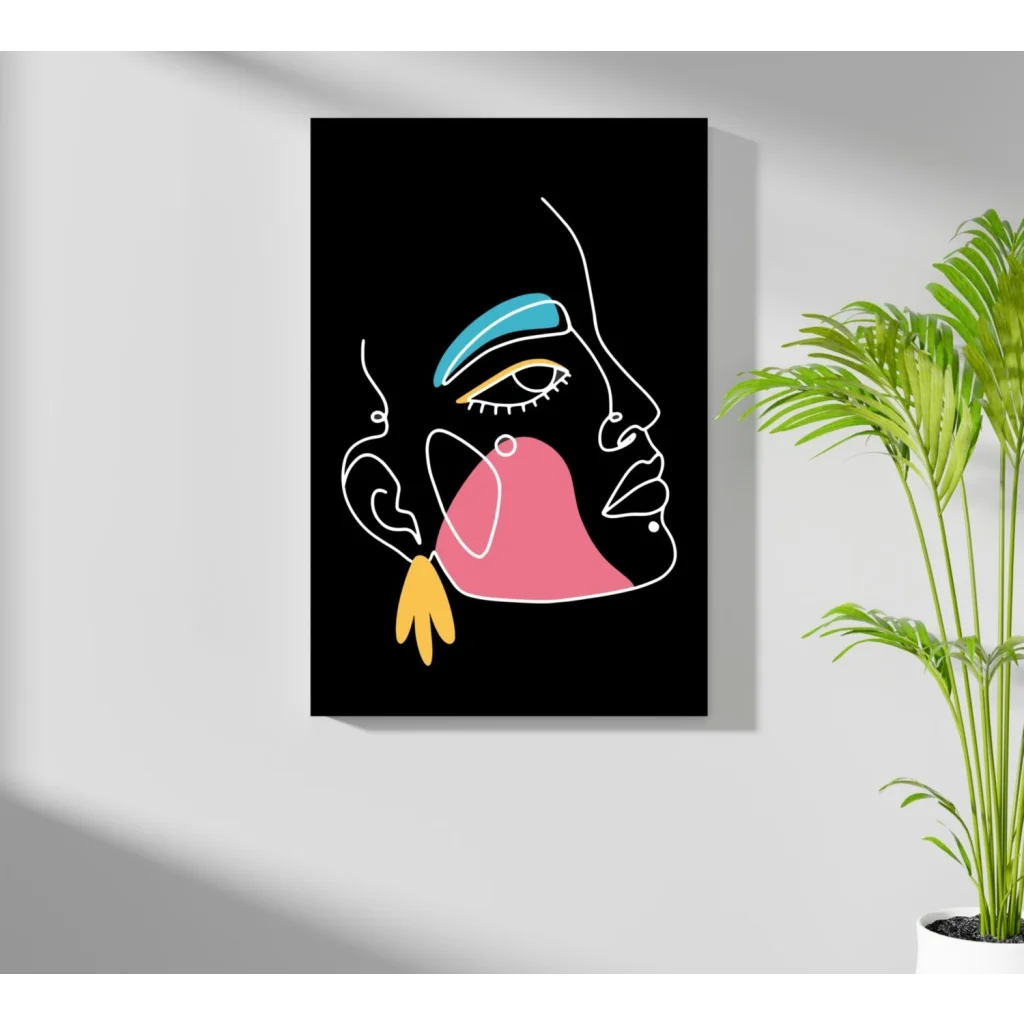 Neon pop art face on insigne aluminum prints with pink blue yellow shapes