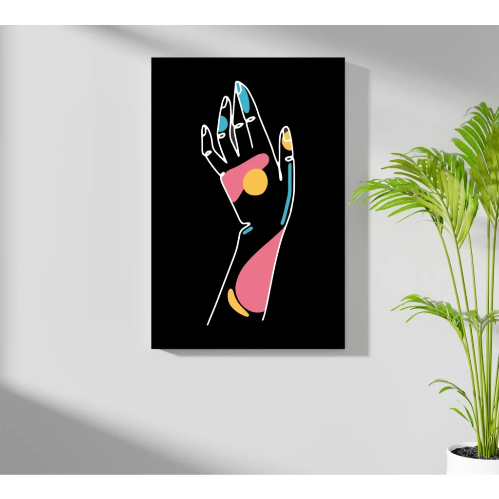 Vibrant abstract hand painting on insigne aluminum prints, pink yellow teal on black