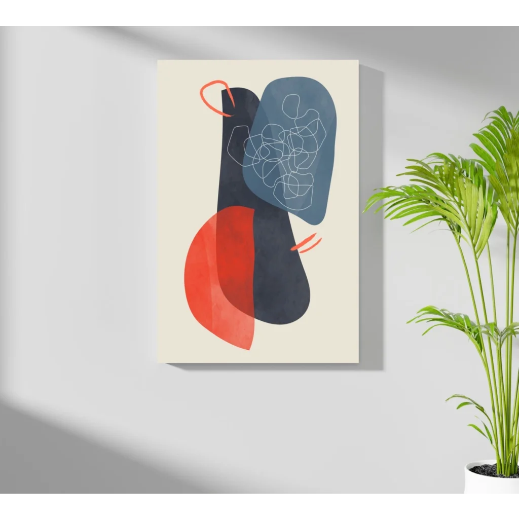 Bold red and navy blue geometric insigne aluminum prints on cream canvas with white lines