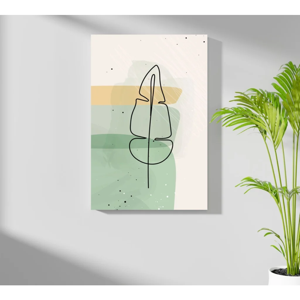 Minimalist leaf on insigne aluminum prints, black line art with pastel green beige background