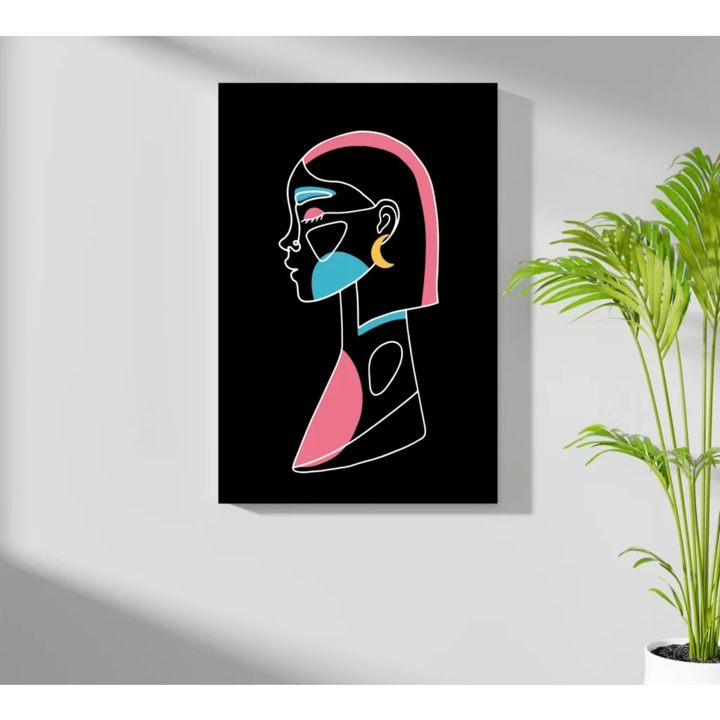 Vibrant abstract female portrait on Insigne aluminum prints, pink teal yellow on black
