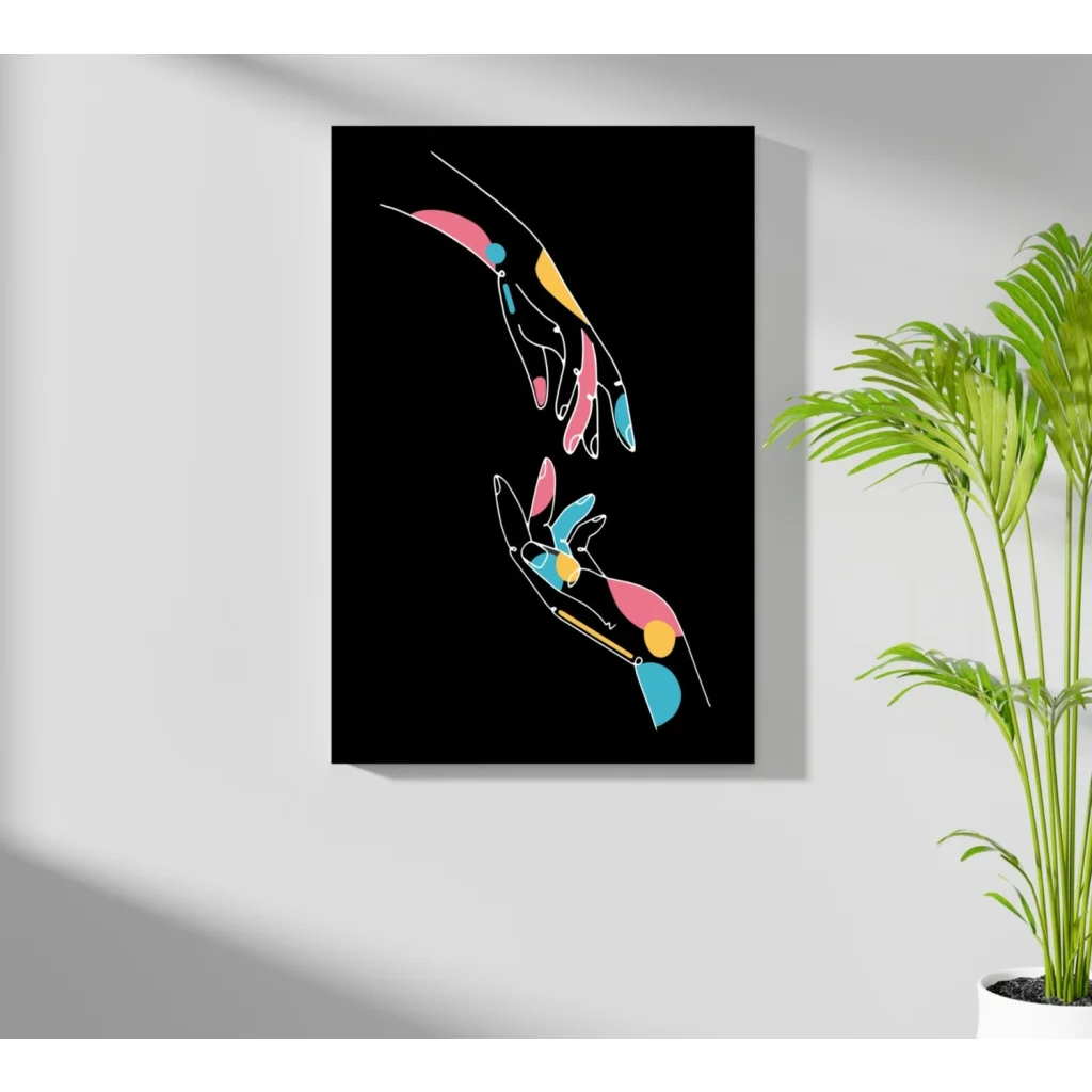 Vibrant abstract hands on insigne aluminum prints, pink blue yellow art