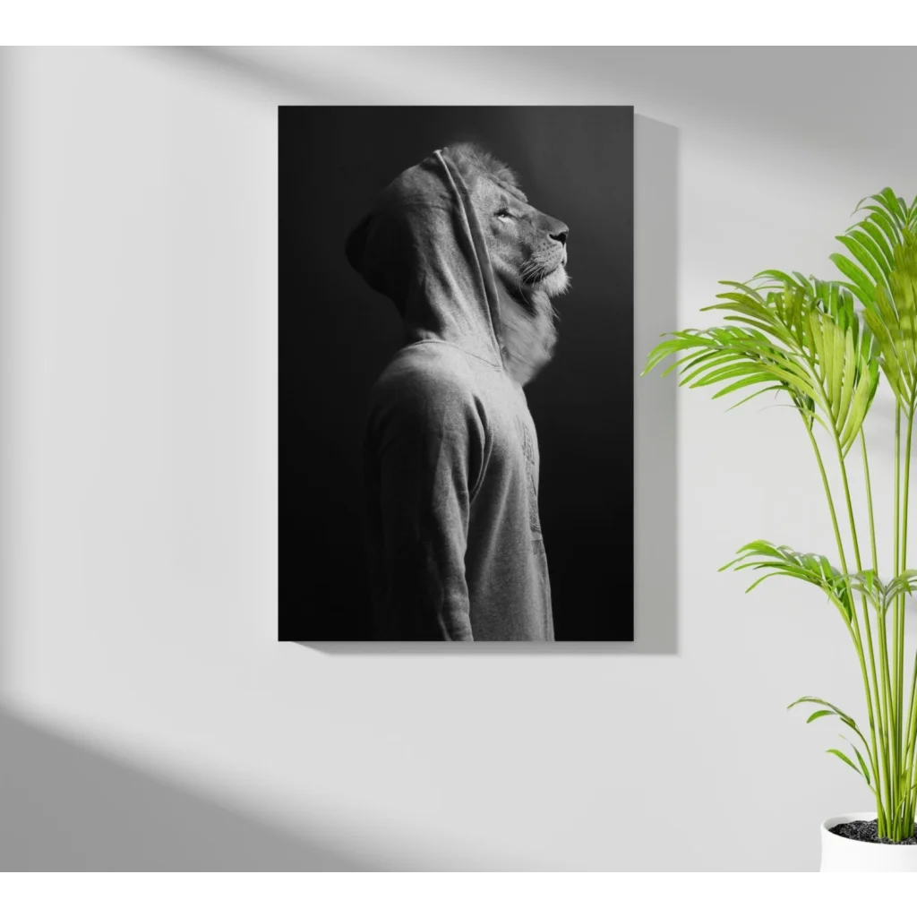 Black-and-white lion in hoodie on Insigne aluminum print
