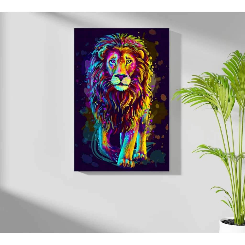 Vibrant neon lion portrait on Insigne aluminum prints with splatter effects
