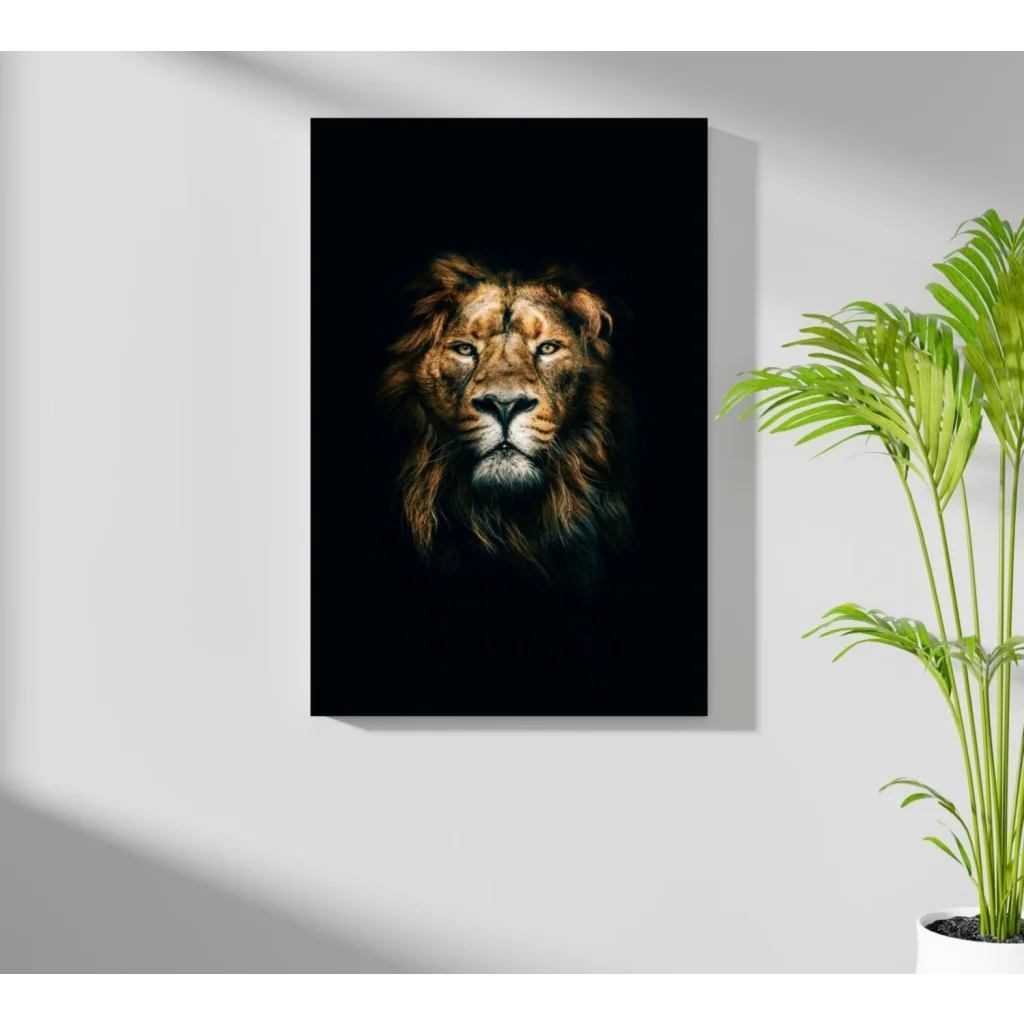 Majestic Lion Insigne Aluminum Print with glowing golden eyes