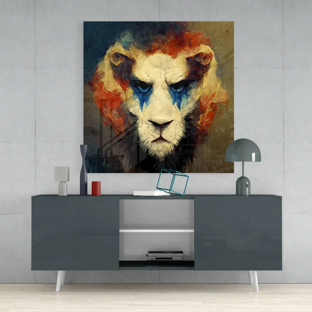 Vibrant abstract lion face glass wall art print with fiery mane accents