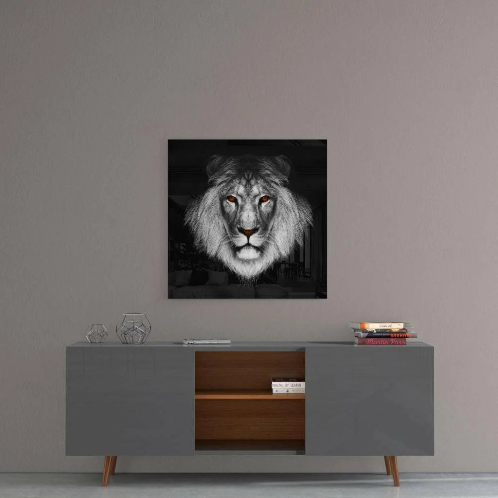 Fierce Lion Glass Wall Art with Glowing Orange Eyes | Contemporary Home Wall Art | vintageantiquesgifts.com