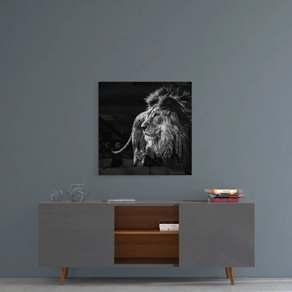 Majestic male lion in black-and-white on tempered glass art