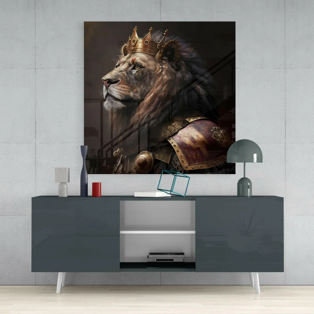 Regal Lion King Glass Wall Art with Golden Crown Armor | Contemporary Home Wall Art | vintageantiquesgifts.com