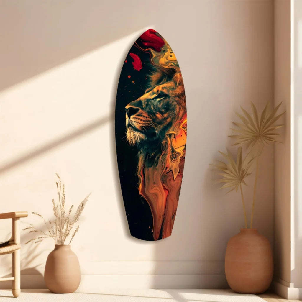 Vibrant abstract lion tempered glass art on surfboard design