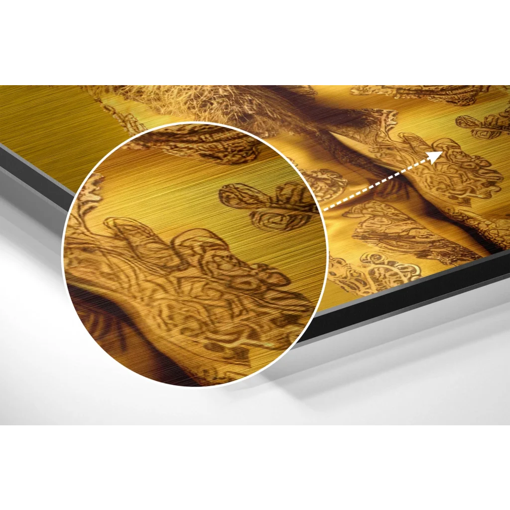Regal Lion King brushed aluminium dibond wall art with golden floral engravings