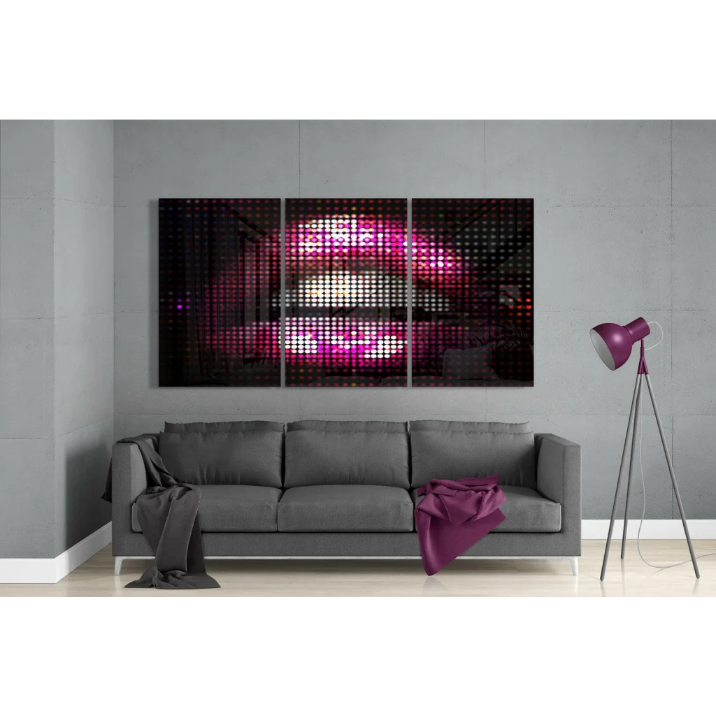 Vibrant pink pixelated lips glass wall art triptych LED panel