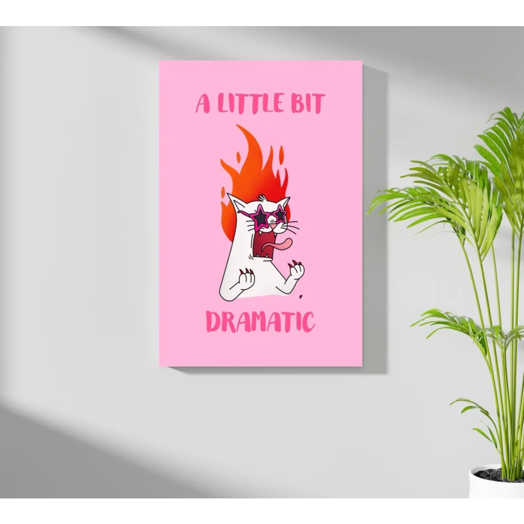 Stunning insigne aluminum print of dramatic pink cartoon cat with stars