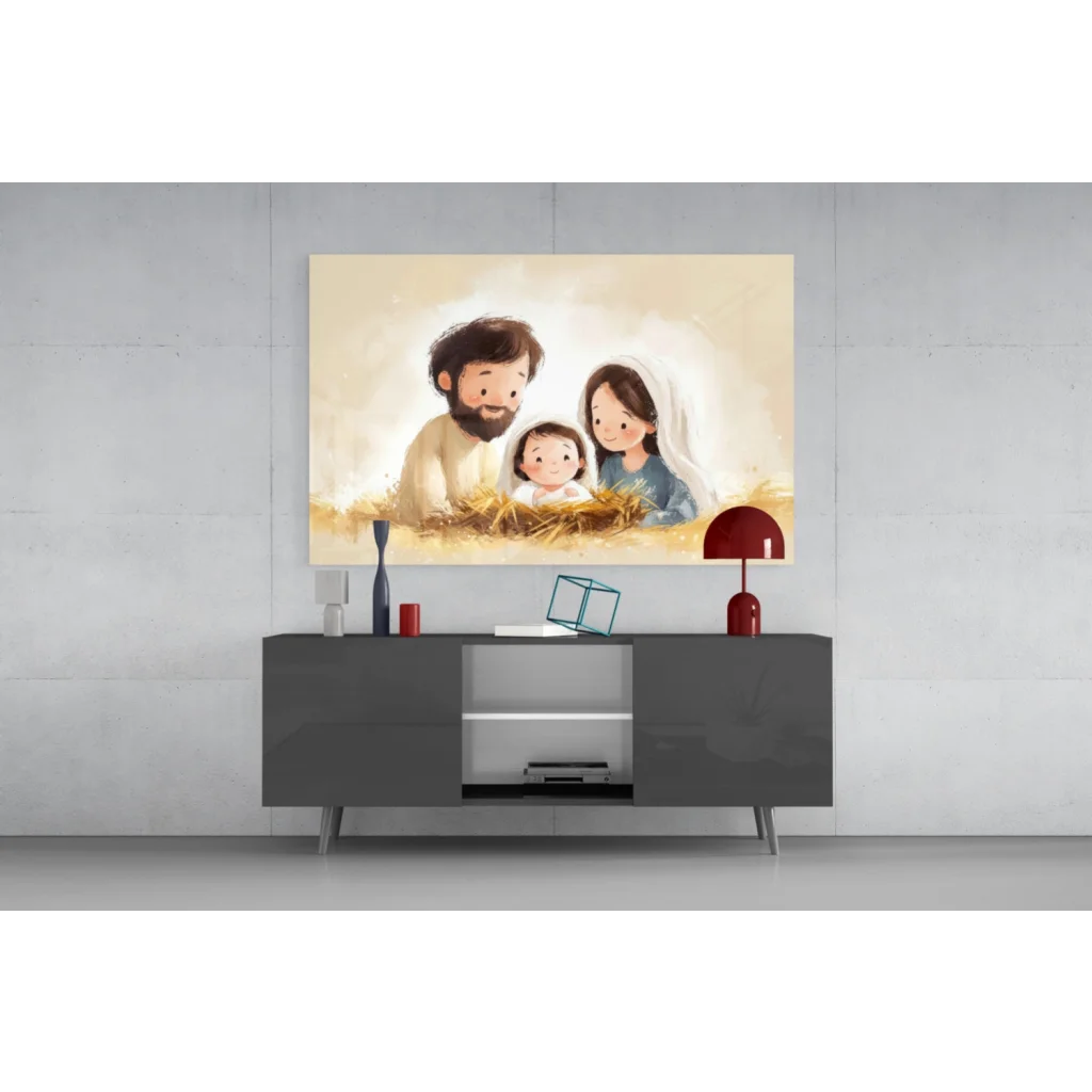 Stunning glass wall art of holy family in beige blue manger scene