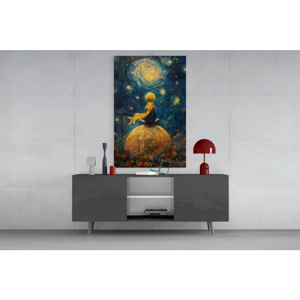 Golden-haired boy on planet under starry sky in glass wall art