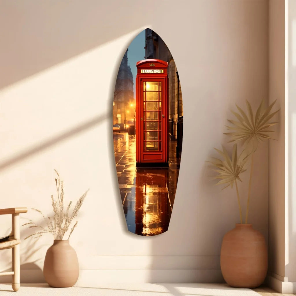 Vibrant red British telephone booth tempered glass art mural with golden reflections