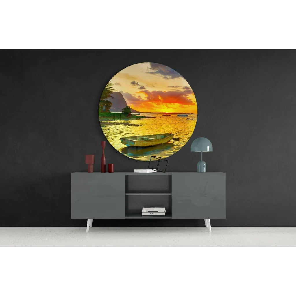 Vibrant sunset rowboat tempered glass art on dark gray wall