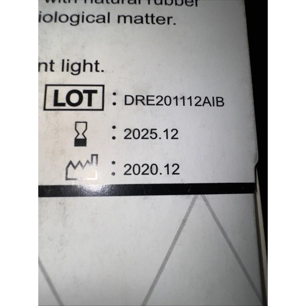 DRE Health medium disposable vinyl exam gloves label with lot dre201112aib, exp 2025.12
