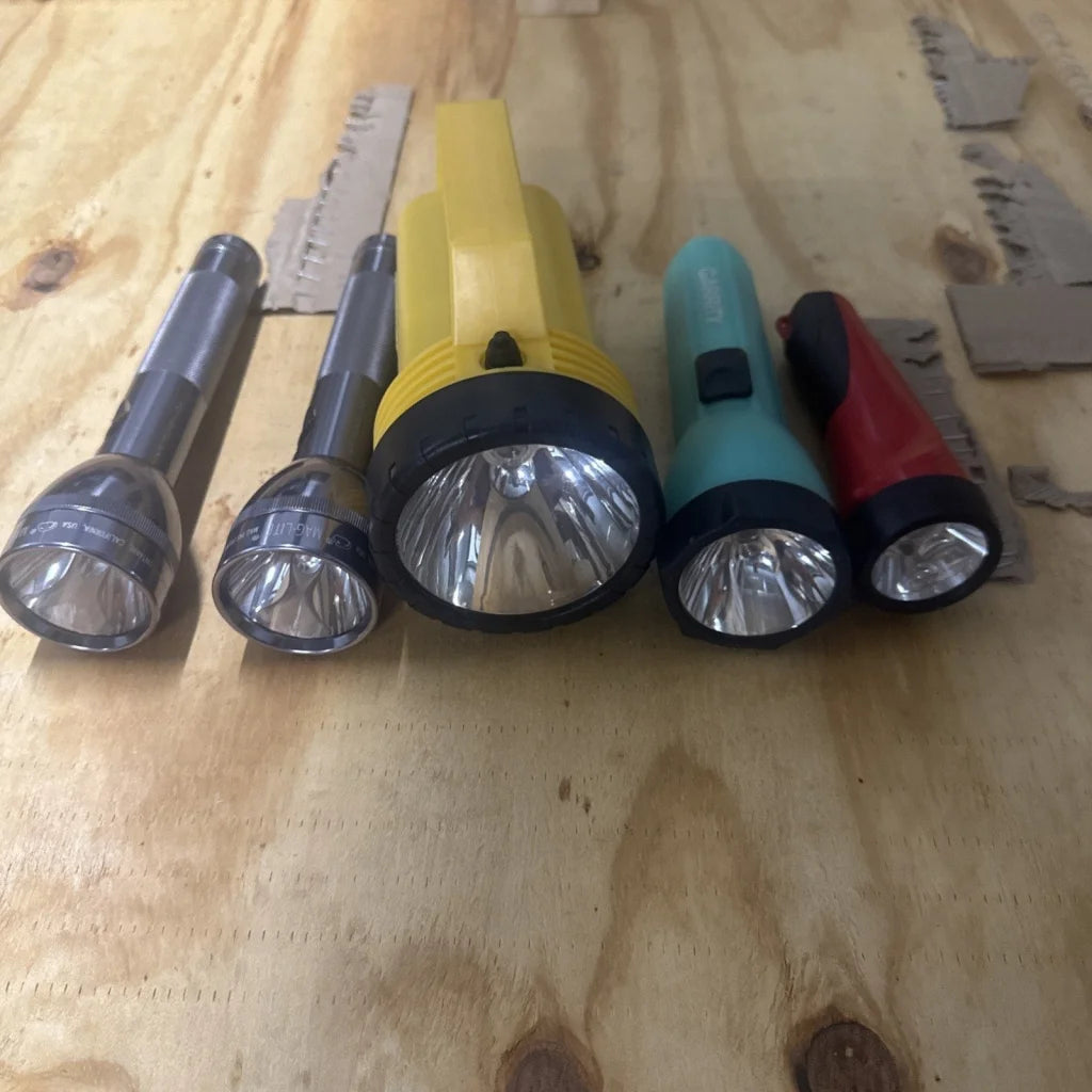 Yellow vintage flashlight Maglite style with black accents and lens